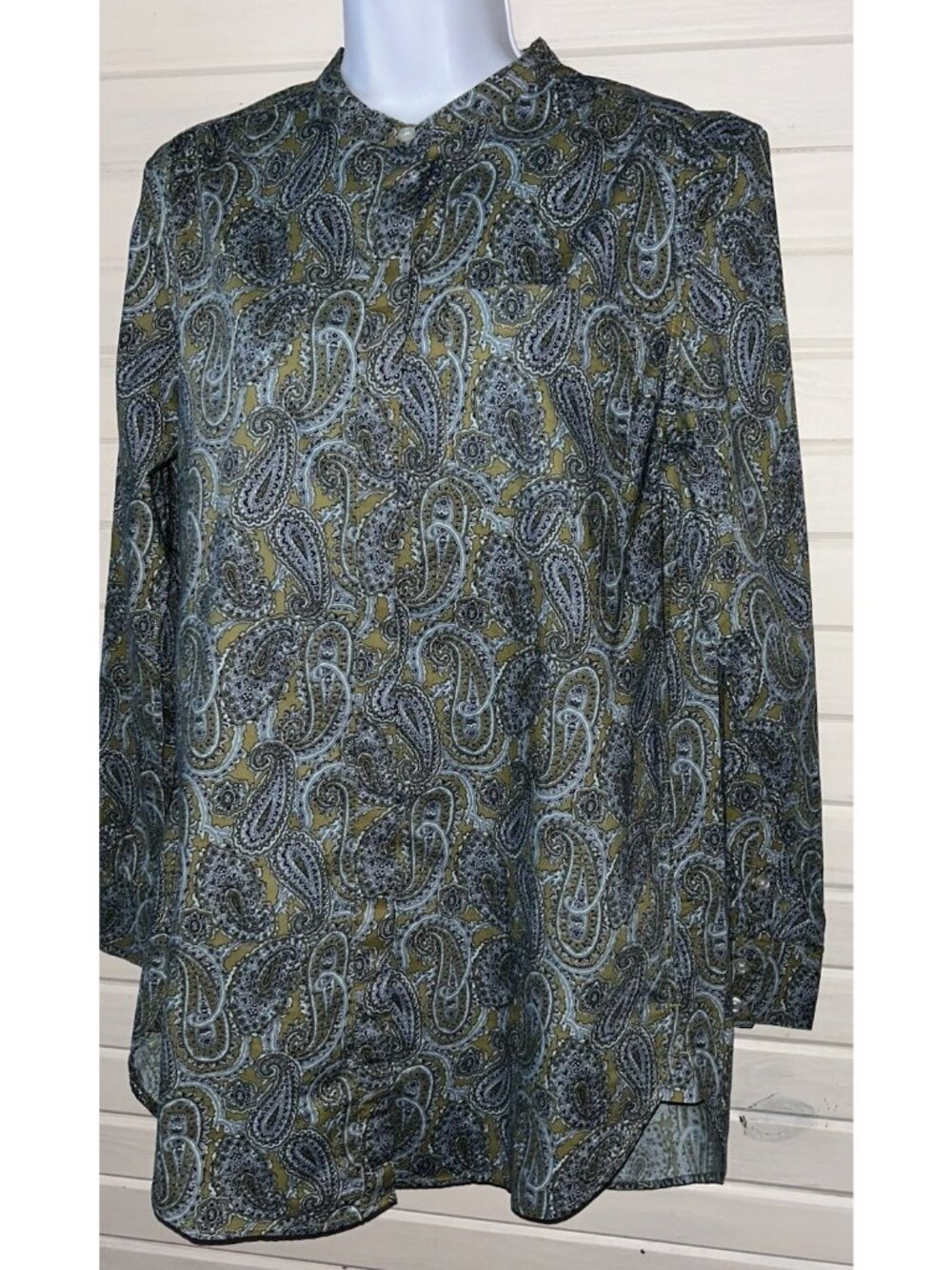 Lands End SMALL Green Blue Paisley Cotton A-Line Tunic Blouse Hand Pockets EUC